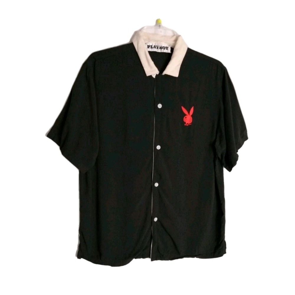 Playboy by Pacsun Black Button Up Short Sleeve Embroidered Shirt Small Unisex